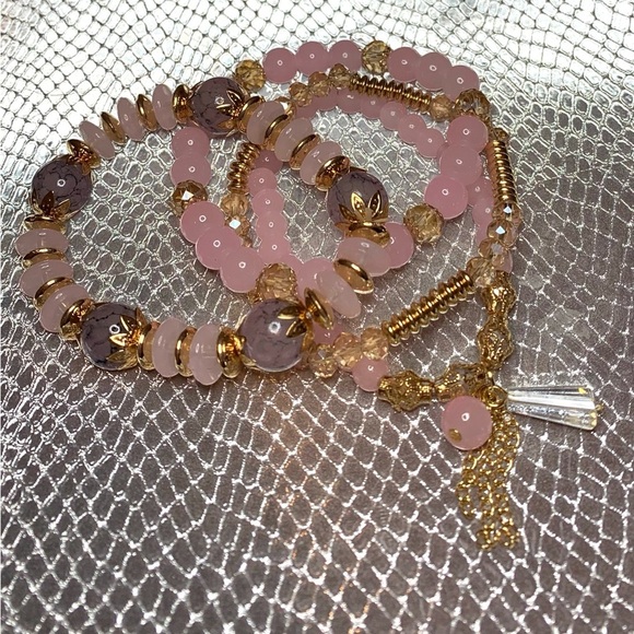 TOEJAMS Toe Rings by Michelle Lyn Jewelry - FRIENDSHIP BRACELETS 4 Strands Tan Crystal and Pink Stone Stretchy TAYLOR SWIFT